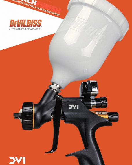 Краскораспылитель Devilbiss DV1 с верхним бачком, HVLP возд. головой C1+,  встроенным цифровым манометром, сопло 1.4 мм (нерж)